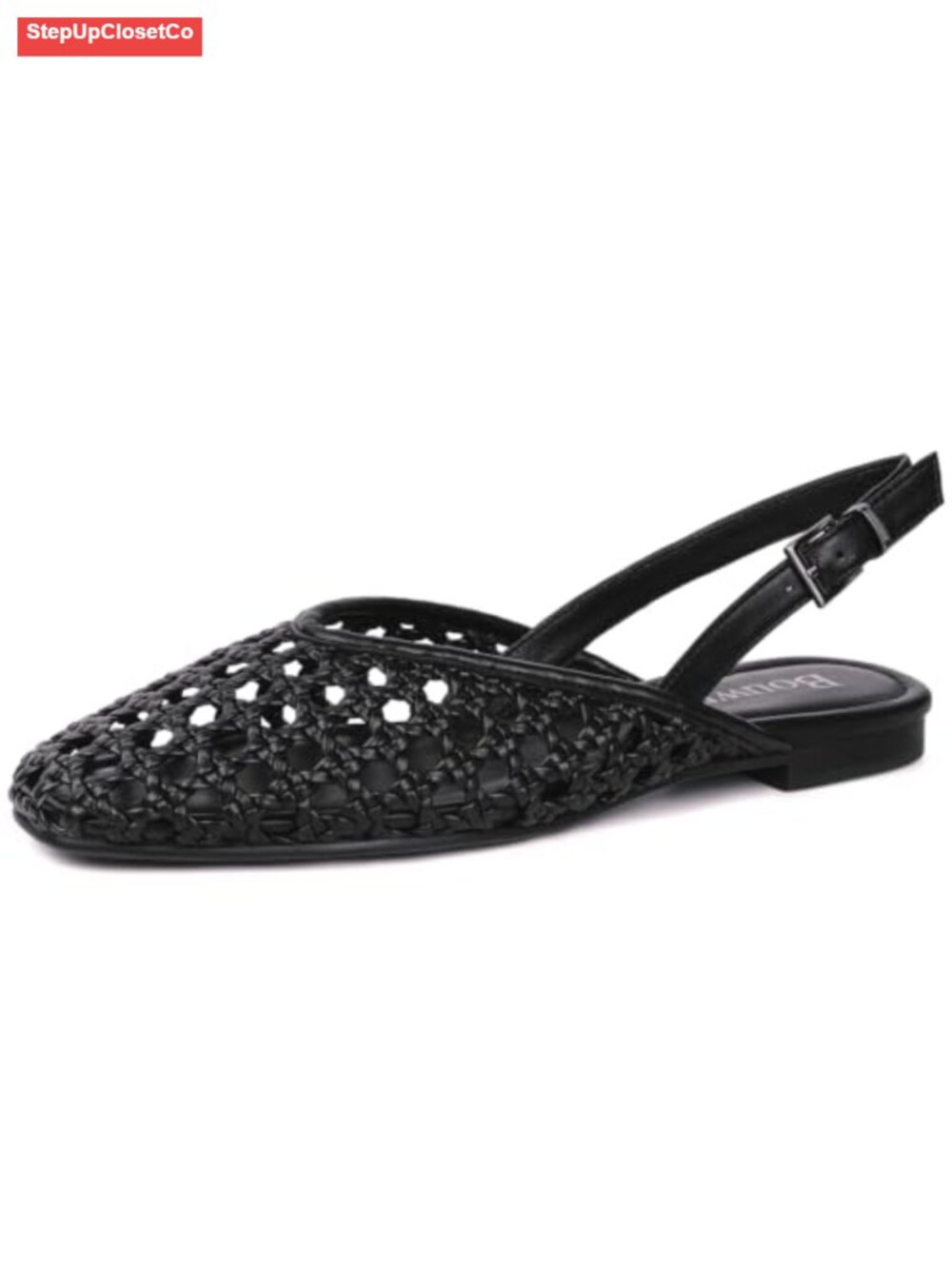 Woven Slingback Flats Square Toe Mesh Sandals Adjustable Buckle Low Heel